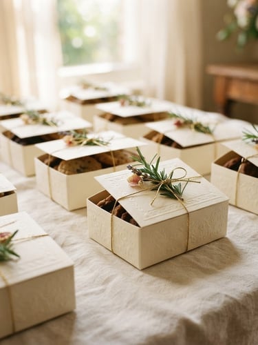 Elegant wedding favor biscuit boxes on a soft cream linen tablecloth, tied with a delicate gold thread and a tiny sprig of fresh rosemary, soft morning window light, warm tones, 35mm