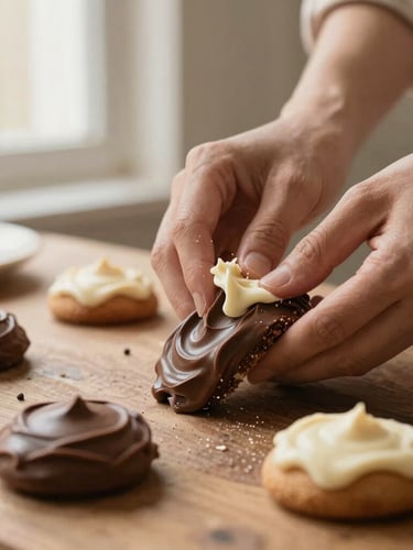 Close-up de mãos gentilmente amassando massa de biscoito em uma mesa de madeira rústica, luz suave de janela pela manhã, tons quentes de marrom e bege, profundidade de campo rasa, estilo de fotografia de alimentos editorial.