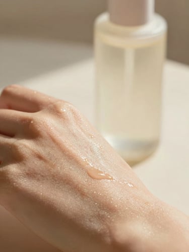 Close-up of healthy dewy skin with soft morning sunlight, minimalist glass bottle in background, warm editorial photography, 35mm