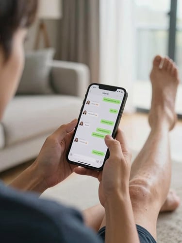 Over-the-shoulder shot of a person in a bright, daylight-filled living room holding a phone displaying a chat conversation, performing a gentle hamstring stretch in the background.