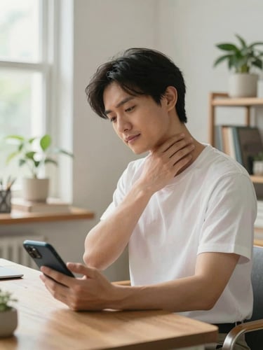 Bright, daylight-filled home office where a patient sits comfortably, looking at a mobile chat interface on their phone with a relaxed expression, performing a gentle neck stretch.
