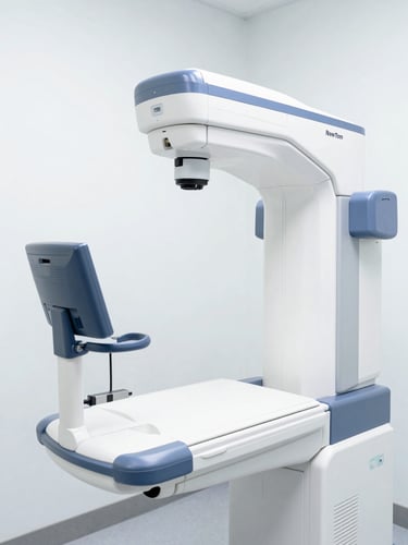 Crisp medium shot of a modern NewTom digital radiology machine in a clean, sterile clinical environment, bright high-key studio lighting, sharp focus on the digital sensor arm