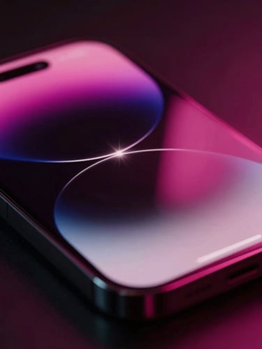 Cinematic close-up of a high-end smartphone displaying a sleek mobile interface, dramatic neon pink lighting reflections, dark shadows, anamorphic lens flare, 16:9 aspect ratio