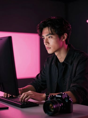 Cinematic portrait of a male designer working in a dark studio, soft pink glow from a monitor illuminating his face, camera gear on the desk, Lora aesthetic