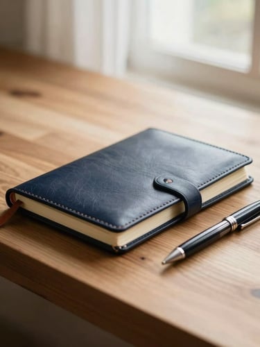 Warm editorial photography of a clean, organized wooden desk with a leather notebook, a classic pen, and soft natural window light, shallow depth of field, 35mm