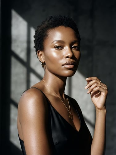 Sharp studio portrait of a model with luminous skin, high-contrast studio lighting, architectural shadow, minimalist monochrome composition, 85mm lens.