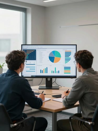 Wide shot of a working session in a modern meeting room, two people reviewing a large monitor displaying data visualizations and BI charts, natural window light from the left, documentary framing, no posed expressions