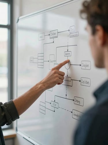 Close-up of two people at a whiteboard covered in systems diagrams and data flow charts, one hand pointing to a node in the diagram, natural daylight from a large window to the left, shallow depth of field, documentary framing