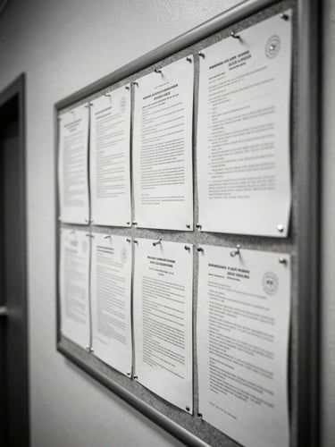 Close detail of a union notice board inside a Senate corridor, sheets of official documents and circulars pinned to a corkboard under fluorescent institutional lighting, candid and unposed, black and white