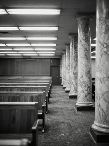 Close documentary shot of Senate chamber side corridor, overhead fluorescent institutional lighting, empty wooden benches and marble columns visible, black and white, wide environmental frame