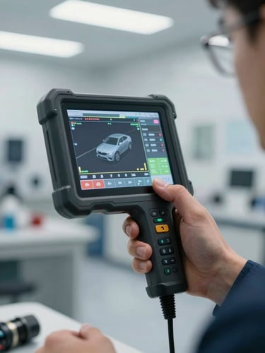 A technician holding a digital diagnostic scanner displaying live vehicle data inside a brightly lit, clean workshop bay, clinical lighting, macro framing