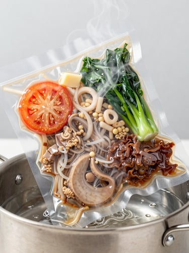 Close-up of a vacuum-sealed meal being placed into a pot of gently simmering water, steam rising, bright studio lighting, clean and precise