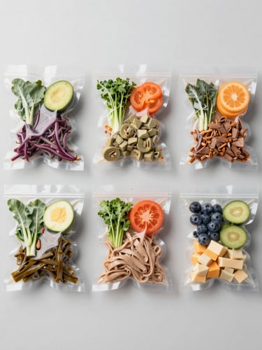 Overhead flat-lay of five neatly labeled vacuum-sealed fitness meals on a minimalist light gray background, bright studio lighting, vibrant colors