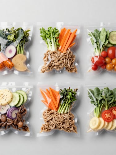 Overhead flat-lay of five vibrant, vacuum-sealed fitness meals on a minimalist light gray background, bright clean studio light, sharp focus, 50mm