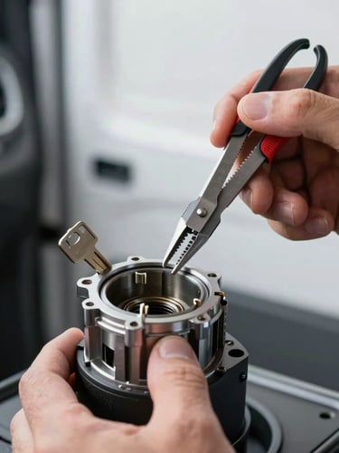 Tight macro shot of a technician's hands using micro-forceps to extract a broken key from a disassembled car ignition cylinder, sharp daylight, clean mobile van interior background.