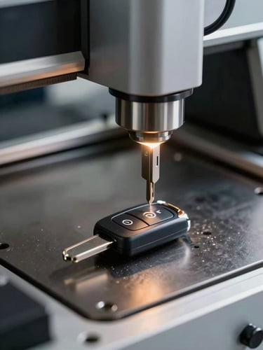 Macro shot of a high-precision laser key cutting machine carving a modern car key inside a well-lit mobile workstation