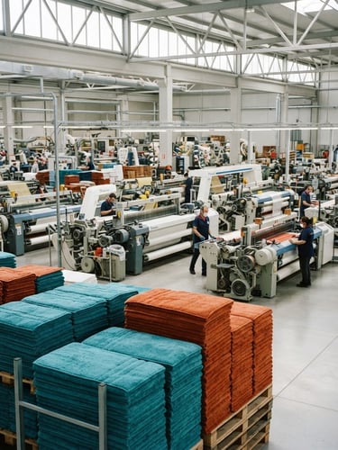 Wide shot of a clean, modern textile factory floor in Gaziantep, showing advanced weaving machines in operation, bright natural light, with soft bath mats stacked neatly in the foreground, 35mm, sharp details