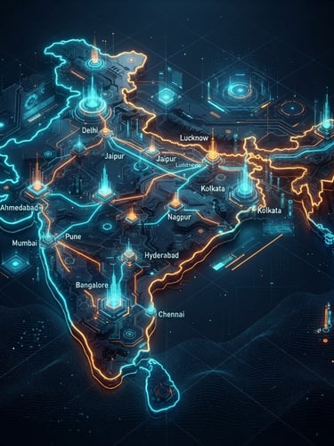 Dynamic isometric digital map of India with glowing neon lines connecting major cities, high-contrast cybernetic aesthetic, deep shadows, electric cyan and saffron accents, dark-mode digital illustration.