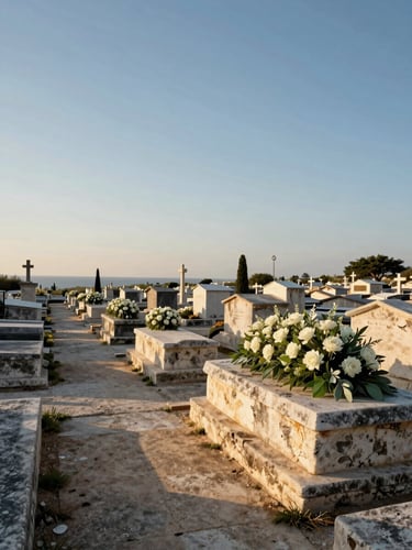 Wide environmental view of a Mediterranean cemetery path at golden hour, a stone grave in the right third freshly arranged with white and sage-green flowers, warm sunlight raking across old limestone, generous empty sky above