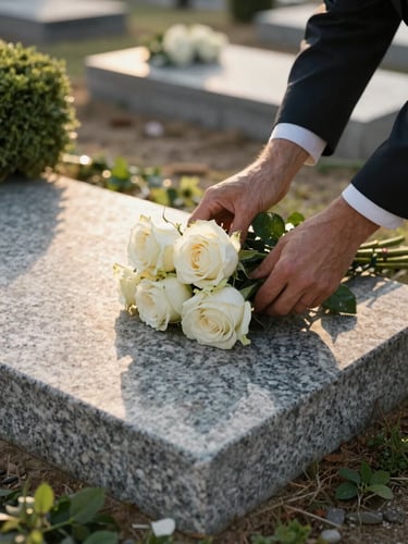 Close-up of florist hands placing white roses on a stone grave in a Mediterranean cemetery, golden afternoon light raking across the granite, freshly trimmed greenery visible at the edges