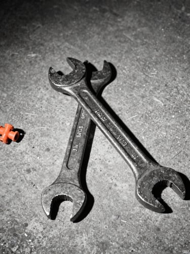 Gritty flash photography of heavy iron wrenches and industrial tools resting on a raw concrete floor in a low-lit Shoreditch basement, harsh direct light, high contrast