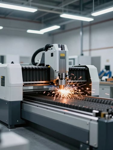 Wide panoramic of a clean, modern Rathdrum shop floor, heavy machinery in operation, cool industrial lighting, with warm orange sparks from a CNC machine, shallow depth of field