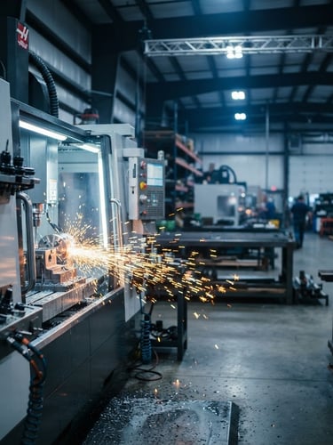 Wide shot of a modern CNC milling machine throwing bright orange sparks, cool blue ambient workshop light, sharp metallic textures, Rathdrum facility in background, shallow depth of field, panoramic 21:9 frame, machine on left third.