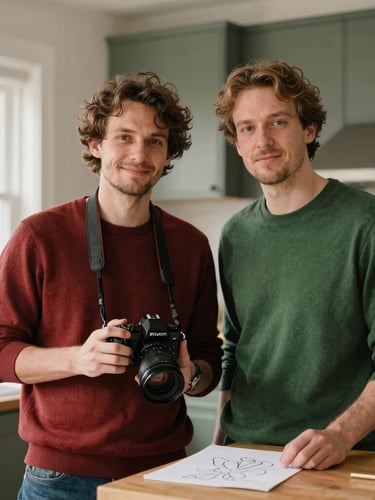 Portrait of two agency founders, one with a camera, the other sketching, in a warm, Scandinavian-style kitchen with natural light. Soft, natural light, shallow depth of field, rich crimson and forest green tones.
