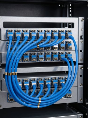 A clean, modern server rack with neatly organized blue ethernet cables, bright studio lighting, sharp focus, technical precision