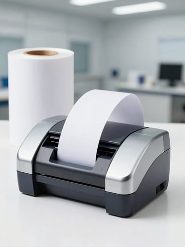 Crisp product photography of a thermal label printer next to rolls of paper, bright studio lighting, clean industrial background, sharp focus, cool metallic tones, 50mm