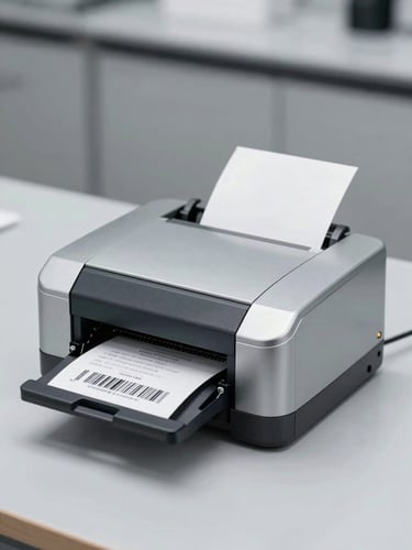 crisp product photography, bright studio lighting, clean industrial background, sharp focus, cool metallic tones, 50mm. A professional thermal label printer on a clean slate gray work surface, sharp focus on the printer head and printed barcode label, bright studio lighting.
