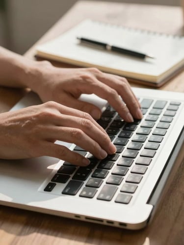 Close-up of hands typing on a clean laptop keyboard next to a neatly organized notebook, soft natural morning light streaming across a wooden desk.