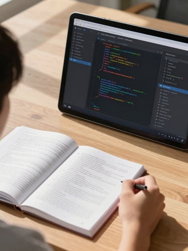 Over-the-shoulder view of a student analyzing a split-screen code editor and open reference manual, bright morning daylight casting clean shadows across a wooden desk.