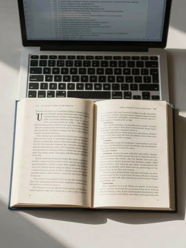Top-down flat-lay of an open academic textbook with neat highlighting, a clean laptop showing a structured document outline, and natural morning daylight casting soft shadows.