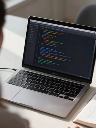 Over-the-shoulder view of a clean desk in morning light, a laptop displaying structured code and a textbook with neat highlighting.