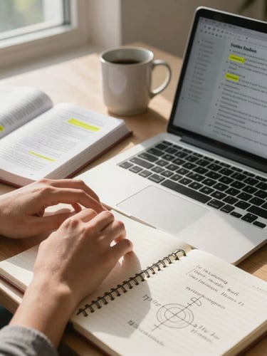 A close-up, over-the-shoulder shot of hands typing a structured academic outline on a laptop. Beside the laptop lies an open collegiate textbook with neat yellow highlighting, a clean notebook with hand-drawn structural diagrams, and a ceramic mug. The workspace is illuminated by bright, natural morning daylight streaming in from a side window, casting soft shadows. Highly organized, clean, and focused atmosphere.