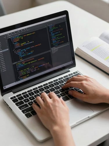 Over-the-shoulder view of a clean desk in morning daylight, hands typing on a laptop displaying a split-screen code editor and an open textbook with neat highlighting.