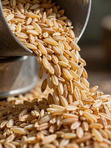 Extreme macro shot of golden basmati rice grains flowing through an industrial steel chute, high contrast, natural midday light.