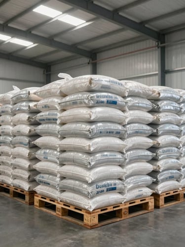 Wide-angle view inside a massive, clean industrial foodstuff warehouse, stacked pallets of bulk bags under bright natural light