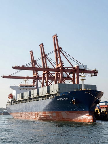 Wide-angle environmental shot of a massive cargo ship docking at a modern industrial port, towering cranes, high-contrast natural midday sun, crisp details.