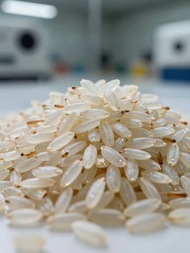 Macro high-contrast shot of raw premium basmati rice grains piled in a clean industrial testing environment, sharp focus