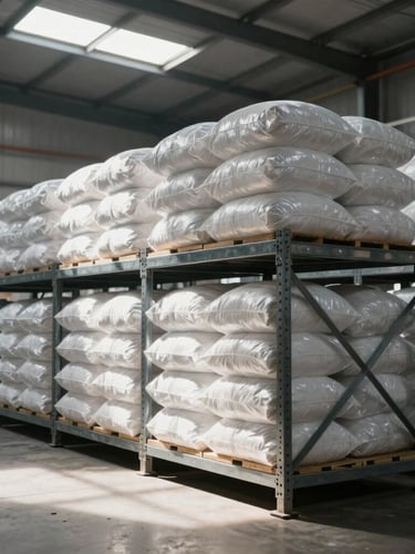 Clean industrial warehouse interior, high-contrast natural light streaming through skylights, rows of neatly stacked bulk dry goods on heavy metal racks.