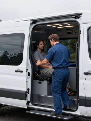 Professional medical transport specialist in a clean uniform assisting a patient into a pristine, modern medical transport vehicle, bright overcast daylight, Pacific Northwest landscape in background. Sharp focus, desaturated cool tones with amber accents.