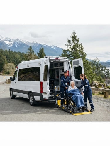 Wide panoramic shot of a modern, pristine white medical transport van parked against a clean, overcast Pacific Northwest landscape, professional staff in uniform assisting a patient into the rear, sharp focus, bright daylight.