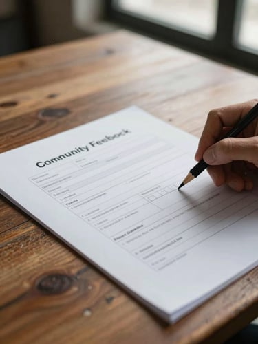 Tight crop of a community feedback form partially filled in pencil, resting on a worn wooden table, soft diffused light from a nearby window, the edges of the frame slightly dark