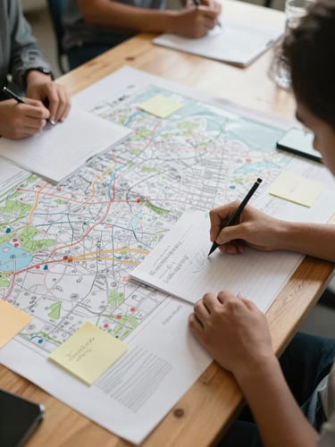 Wide environmental shot of a working table from above, overcast indoor light, hands writing field notes on a large printed map, pencil marks and sticky notes visible, community meeting room, documentary framing