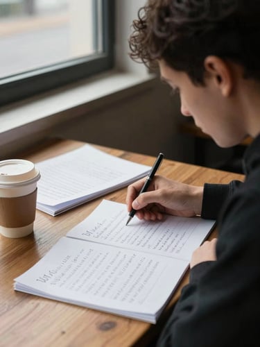 Close environmental portrait: a person seated at a wooden table looking down at handwritten notes, overcast window light falling across their left side, a coffee cup and marked-up papers visible, documentary framing with natural shadow