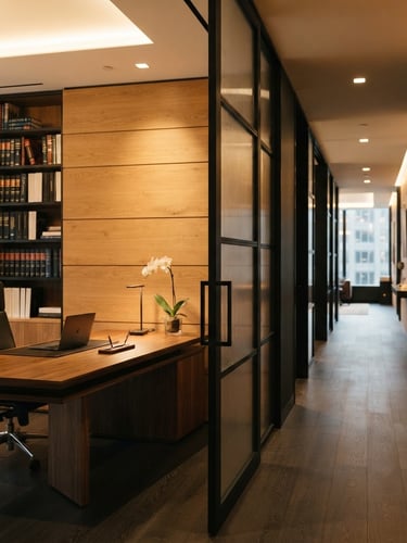 Wide architectural interior of a luxurious law office, featuring matte black partitions, warm oak wood paneling, and soft golden ambient light. A large, elegant desk is visible to the left, with the image bleeding to the right edge. Editorial, warm architectural photography, soft golden ambient light, matte black and oak wood tones, shallow depth of field.