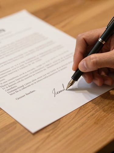 Close-up of a legal document being signed with a fountain pen on an oak wood desk, soft golden light, portrait aspect, shallow depth of field, editorial.