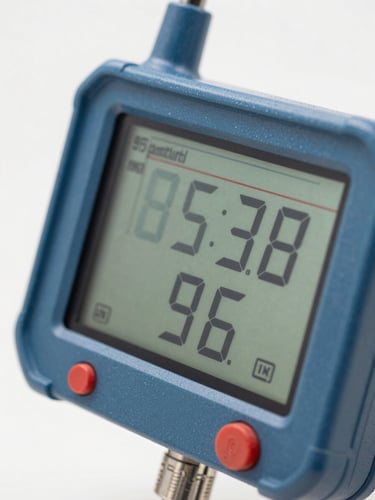 Macro close-up of a digital gas detector screen showing active readings, bright daylight, clean industrial colors, sharp focus, 35mm lens